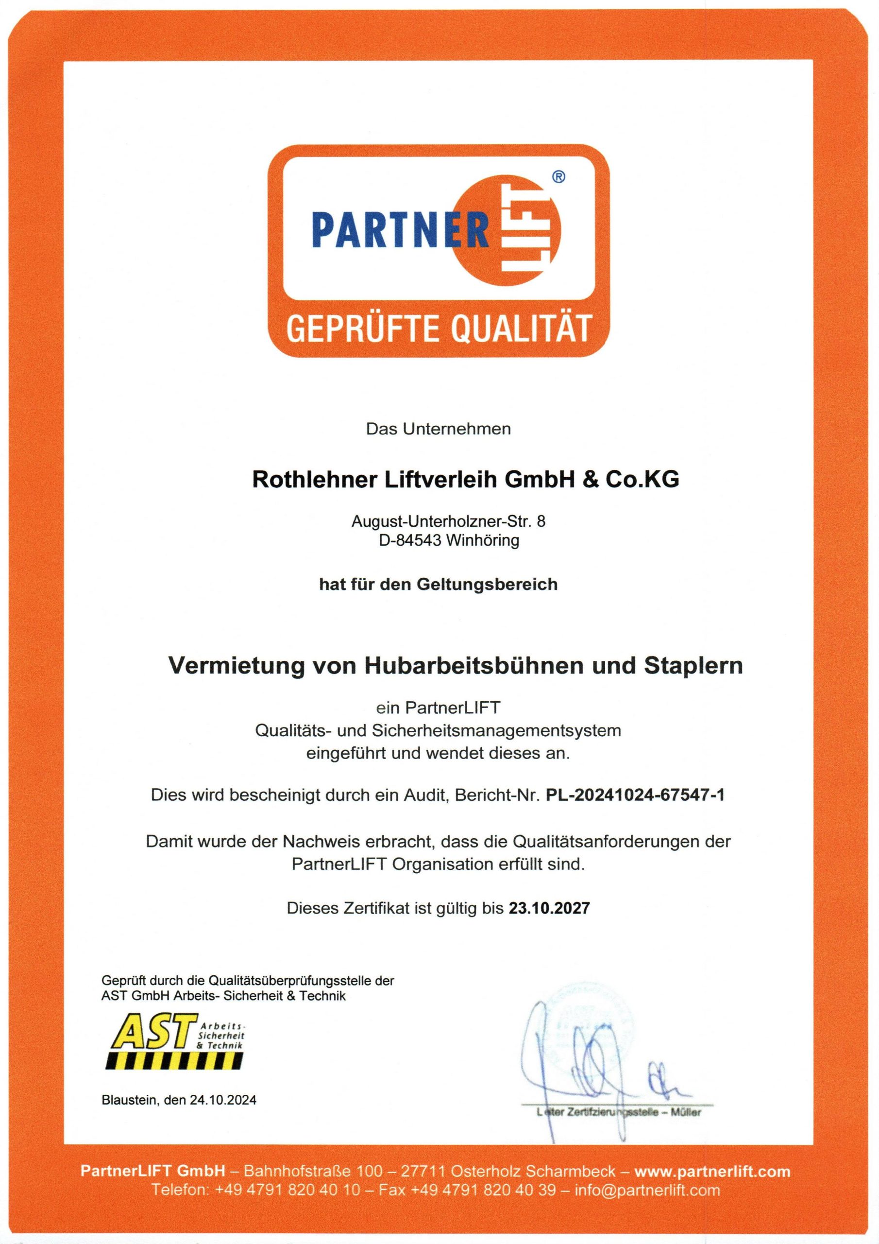Zertifikat Partnerlift-Audit 2024 Zertifikat Partnerlift-Audit 2024